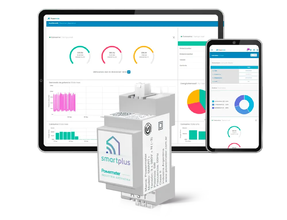 Medidor trifásico con monitoreo remoto en tiempo real Medidor Powermeter SmartPlus en tablero eléctrico con dashboards en pantalla
